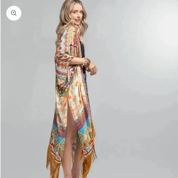 New! Boho Jaquard Print Fringe Kimono Coverup Wrap - Picture 3 of 9